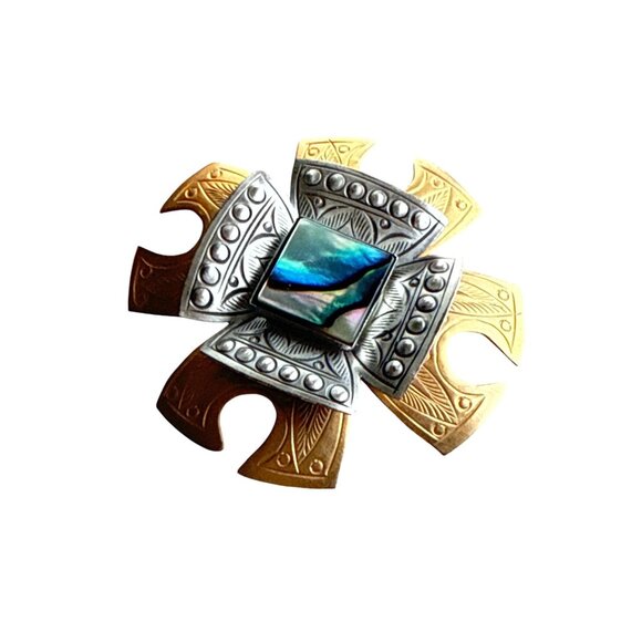 Vintage Gold & Silver Tone Abalone Brooch Pin With Intricate Engraved Design - Picture 2 of 5